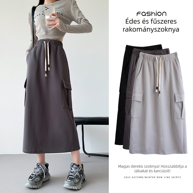 Női amerikai retro munkás szoknya, magas derekú, A-vonalú szabás, hasítékkal, középhosszú, mindennapi elegancia