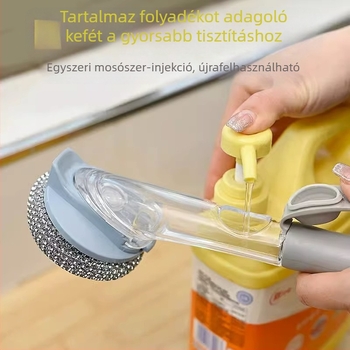 Hosszú nyelű konyhai tisztítóecset folyadék mosóoldat adagolóval és rozsdamentes acéldrót golyóval fazekak tisztításához
