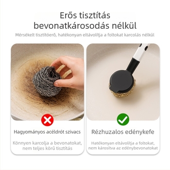 Rézdrótos tisztítólabda – tiszta réz, kíméli a fazekakat; puha acéldrót labdája, amely nem hullajt szálakat; konyhai edények mosására szolgáló tisztítóeszköz.