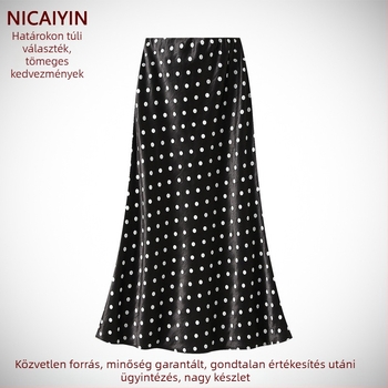 Pöttyös midi szoknya, magas derekú, A‑vonalú, középmagas hossz, elegáns és karcsú