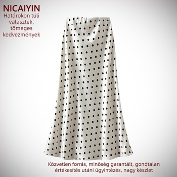 Pöttyös midi szoknya, magas derekú, A‑vonalú, középmagas hossz, elegáns és karcsú
