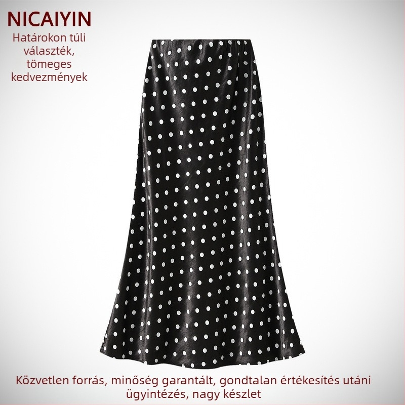 Pöttyös midi szoknya, magas derekú, A‑vonalú, középmagas hossz, elegáns és karcsú