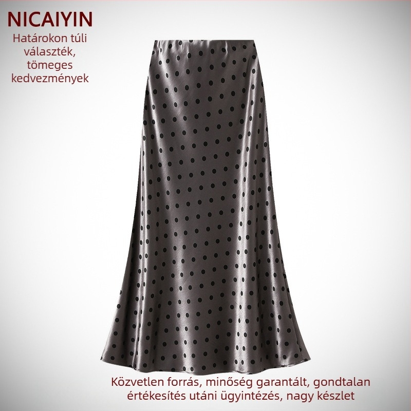 Pöttyös midi szoknya, magas derekú, A‑vonalú, középmagas hossz, elegáns és karcsú