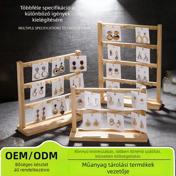 Fából készült fülbevaló- és ékszerkiállító állvány kampókkal – minimalistus négyszintes 3D kijelző karkötők, gyűrűk és nyakláncok számára