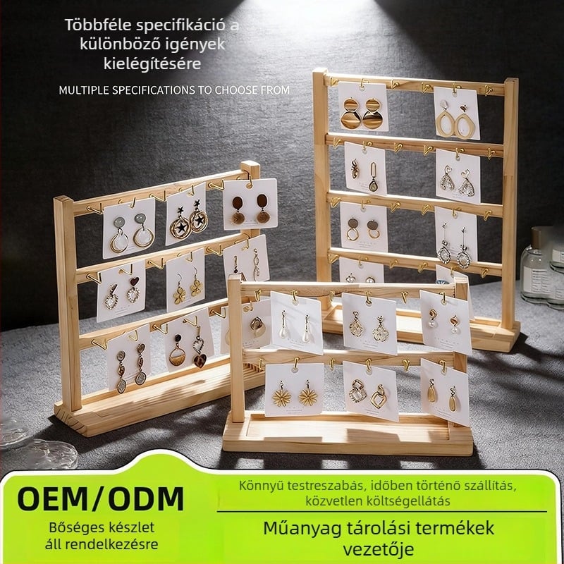 Fából készült fülbevaló- és ékszerkiállító állvány kampókkal – minimalistus négyszintes 3D kijelző karkötők, gyűrűk és nyakláncok számára