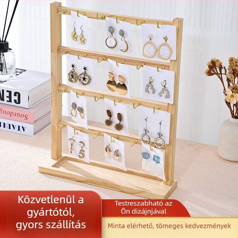 Fából készült fülbevaló- és ékszerkiállító állvány kampókkal – minimalistus négyszintes 3D kijelző karkötők, gyűrűk és nyakláncok számára