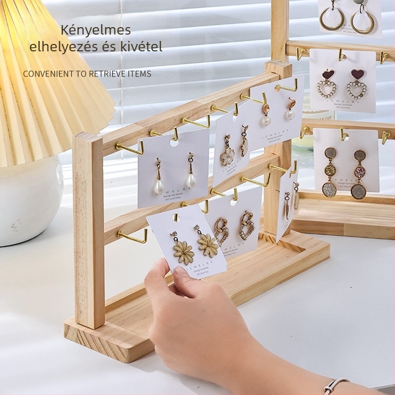 Fából készült fülbevaló- és ékszerkiállító állvány kampókkal – minimalistus négyszintes 3D kijelző karkötők, gyűrűk és nyakláncok számára
