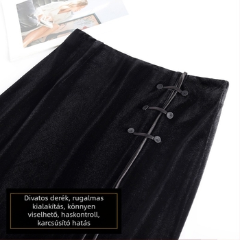 Velúr kínai stílusú elegáns midi szoknya, magas derekú és oldalsó hasadékkal
