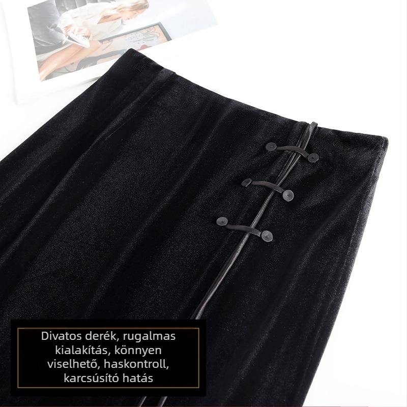Velúr kínai stílusú elegáns midi szoknya, magas derekú és oldalsó hasadékkal