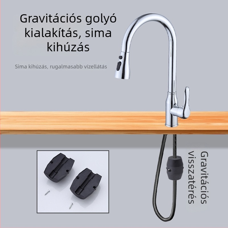 Rozsdamentes acélből készült kihúzható konyhai csaptele, három üzemmóddal, meleg és hideg víz, elektroplatált felület, mosogatóhoz