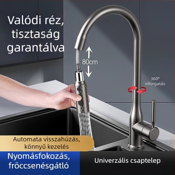 Teljes rézből készült konyhai csaptele meleg- és hideg vízhez, kihúzható fejjel, fröccsenés elleni védelemmel