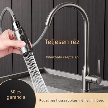 Teljes rézből készült konyhai csaptele meleg- és hideg vízhez, kihúzható fejjel, fröccsenés elleni védelemmel