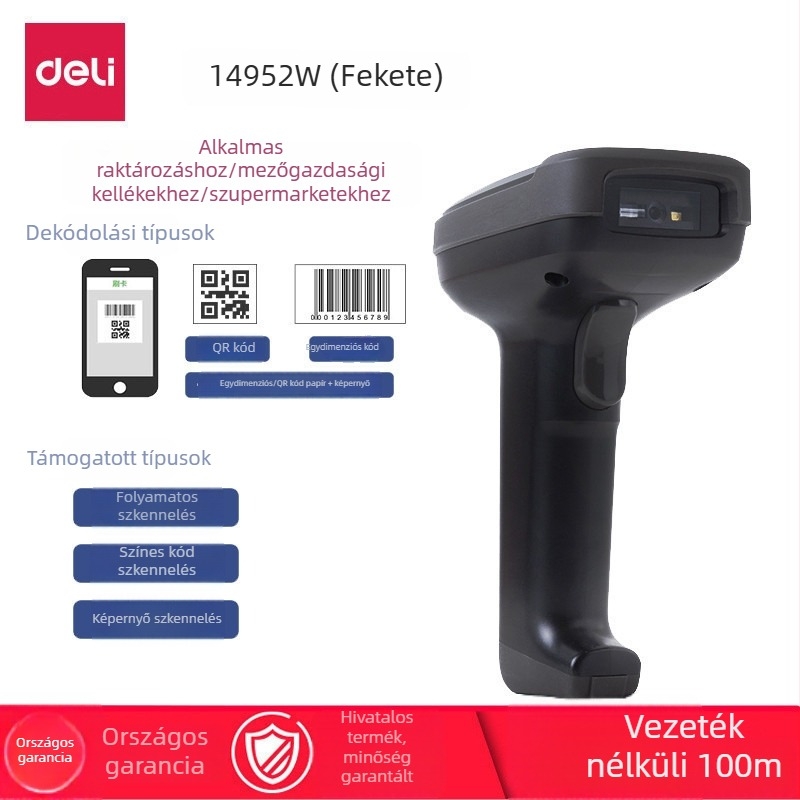 Deli 14952W vezeték nélküli 1D/2D vonalkód-szkenner kiskereskedelemhez és készletnyilvántartáshoz