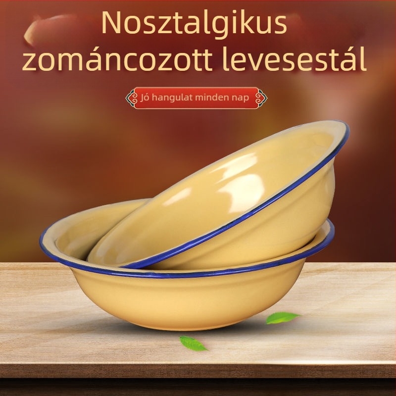 Sárga zománcos tál, retro stílusú, háztartási használatra, tál leveshez és rizshez, zománcos hajlított perem