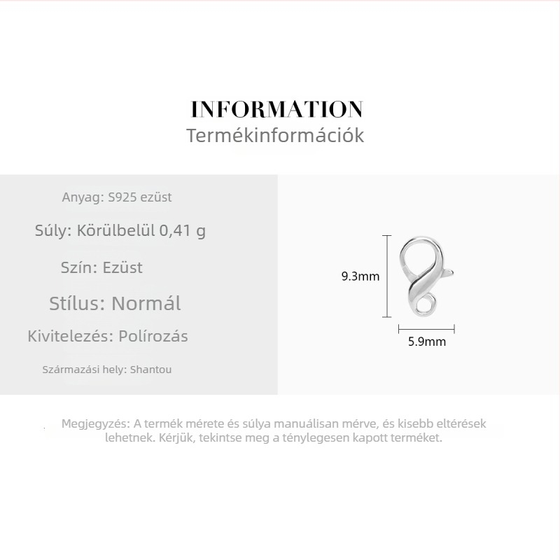 925-ös ezüst – Nyolcas alakú kapocs gyöngyös nyaklánchoz, karkötőhöz és bokalánchoz – DIY ékszer kiegészítő