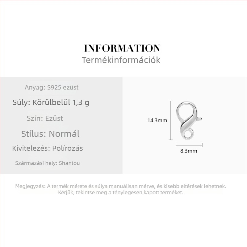 925-ös ezüst – Nyolcas alakú kapocs gyöngyös nyaklánchoz, karkötőhöz és bokalánchoz – DIY ékszer kiegészítő