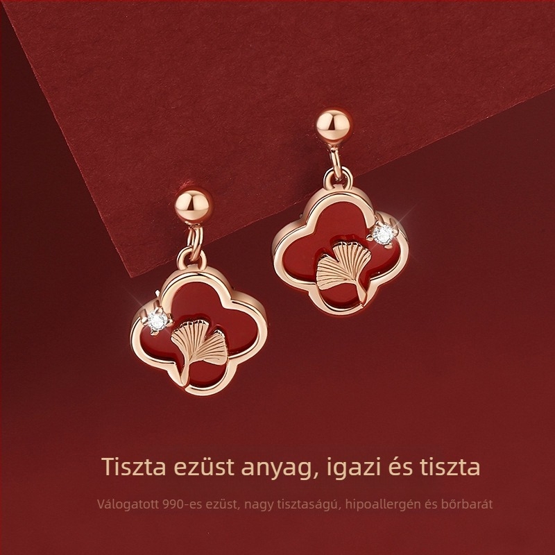 Tichia eredeti vörös achát négylevelű lóhere kis szerencse fülbevalók nőknek, 990 ezüst, retro dizájn, ginkgo levél motívum