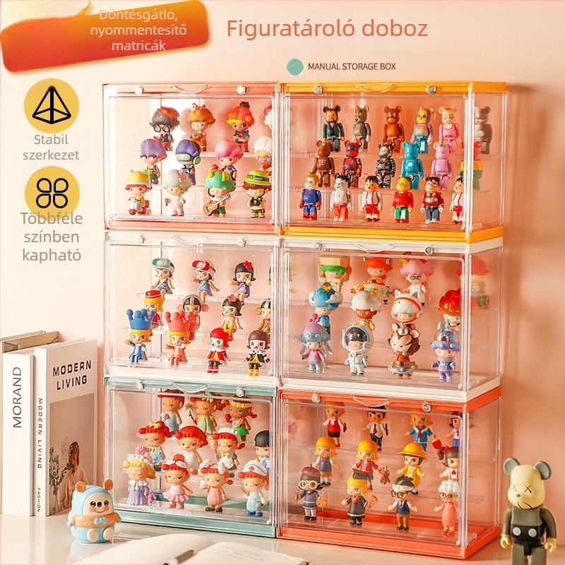 Átlátszó akril kijelző szekrény, lehajtható fedéllel, porálló, 6 rekesz, nagy méret