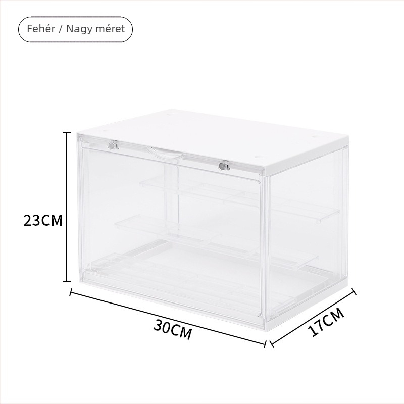Átlátszó akril kijelző szekrény, lehajtható fedéllel, porálló, 6 rekesz, nagy méret