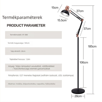 Fém állólámpa elektroplatírozott felülettel, európai–amerikai stílusban, tanuláshoz, hálószobához, irodához, étkezőhöz