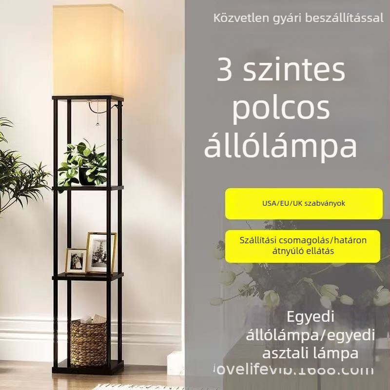 Fakeretű üveg állólámpa polccal és kijelzőszekrénnyel, távirányítóval