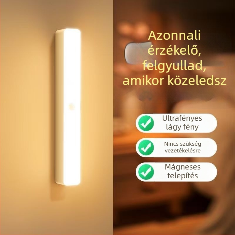 Intelligens LED mozgásérzékelős éjjeli lámpa otthonra, hálószobába és folyosóra, vékony sáv alakú dizájn, lágy fény