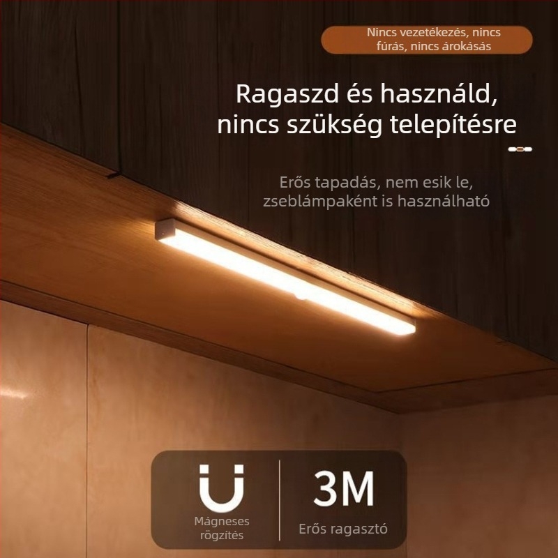 LGZM-001 USB‑töltésű LED szenzoros éjjelifény szekrényhez és előszobába, mágneses szalag, fehér vagy meleg fény, állítható fényerő, 10–50 cm hosszúságú