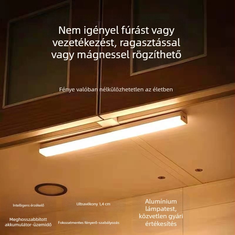 LGZM-001 USB‑töltésű LED szenzoros éjjelifény szekrényhez és előszobába, mágneses szalag, fehér vagy meleg fény, állítható fényerő, 10–50 cm hosszúságú