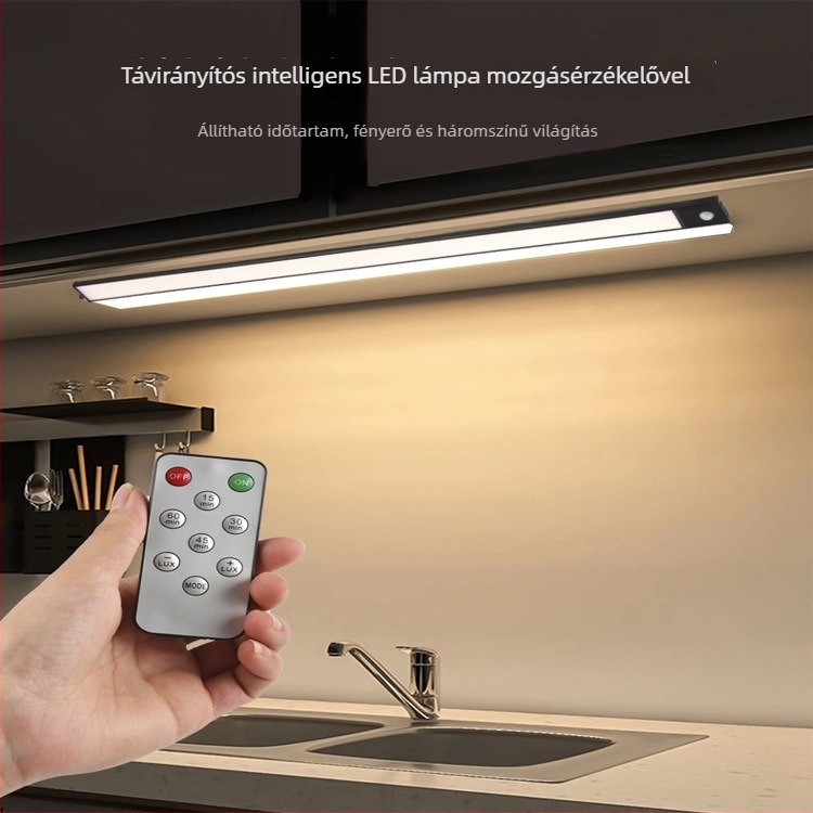 Ultra vékony távirányítós intelligens LED mozgásérzékelős éjszakai lámpa szekrényekhez, ruhásszekrényekhez és borhűtőkhöz – hangulatos fény, újratölthető, fekete