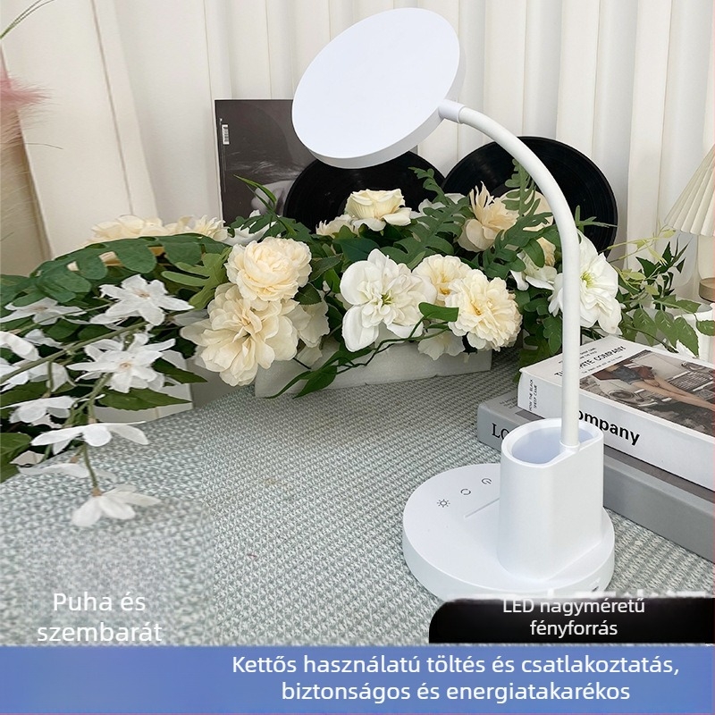Szemvédő asztali lámpa tolltartóval, újratölthető olvasólámpa diákok számára