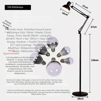 Amerikai stílusú hosszú karú, összecsukható állólámpa, minimalist design nappalira, hálószobára és dolgozószobára — LED szemvédő lámpa