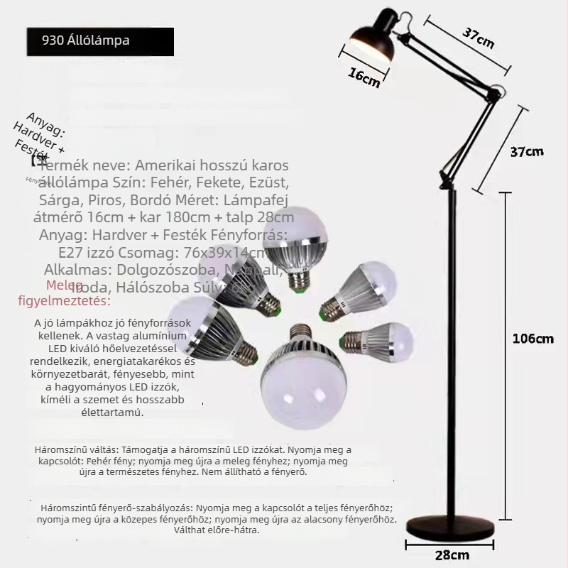 Amerikai stílusú hosszú karú, összecsukható állólámpa, minimalist design nappalira, hálószobára és dolgozószobára — LED szemvédő lámpa