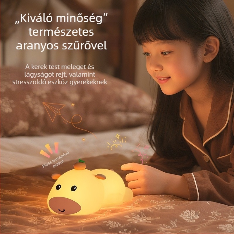 Capybara szilikon éjszakai fény USB-ről tölthető, hálószobába és baba etetéséhez, színes fényváltás, dekoratív dísz