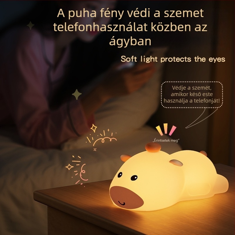Capybara szilikon éjszakai fény USB-ről tölthető, hálószobába és baba etetéséhez, színes fényváltás, dekoratív dísz