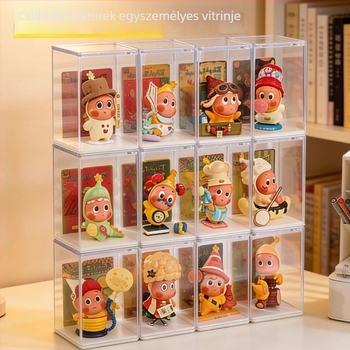 Bubble Mart átlátszó kiállító doboz fedéllel — kompakt kis figurák tárolására és blind-box rendező, porvédő fedél