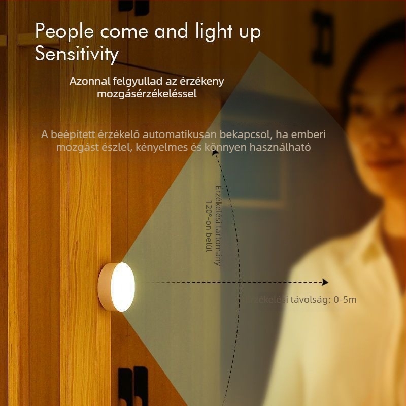 LED mozgásérzékelős éjszakai fény szekrényre és éjjeliszekrényre, USB-s töltés, fényérzékelős szobai lámpa