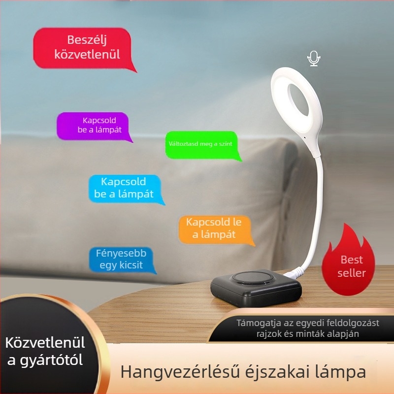 Hangvezérléses intelligens éjszakai lámpa hálószobába, éjjeli hangulatvilág, USB-tápellátás, szemkímélő, modern minimál dizájn