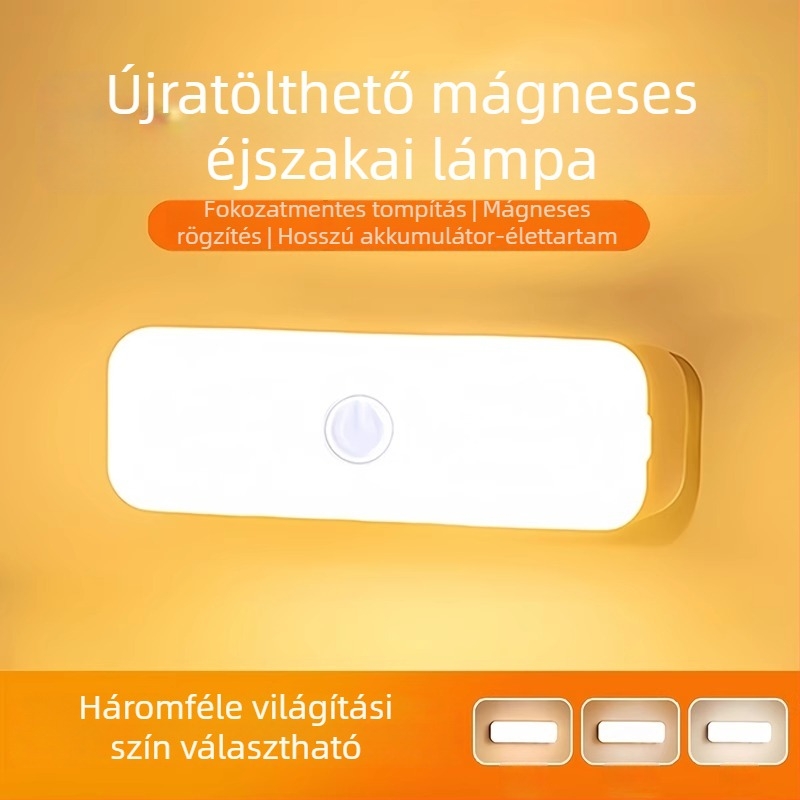 Háromszínű váltású LED éjjeli lámpa kollégiumi szobába, szemkímélő LED lámpa éjjeliszekrényre mágneses rögzítéssel és beépített akkumulátorral