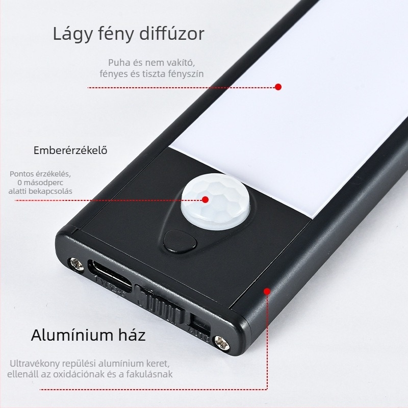 Ultra vékony LED mozgásérzékelős lámpa szekrényekhez, gardróbokhoz, folyosókhoz és borospincéhez – mágneses rögzítés, USB tápellátás