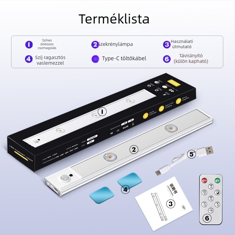Cat-Eye Hill intelligens LED szekrénylámpa szenzorral, újratölthető éjszakai fény, mozgásérzékelő, öt színben állítható világítás.