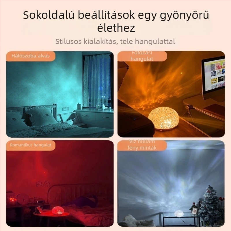 Atmoszférikus lámpa jéghegy és vízhullám effektussal, prémium fa alap és dinamikus fény-árnyék vetítés