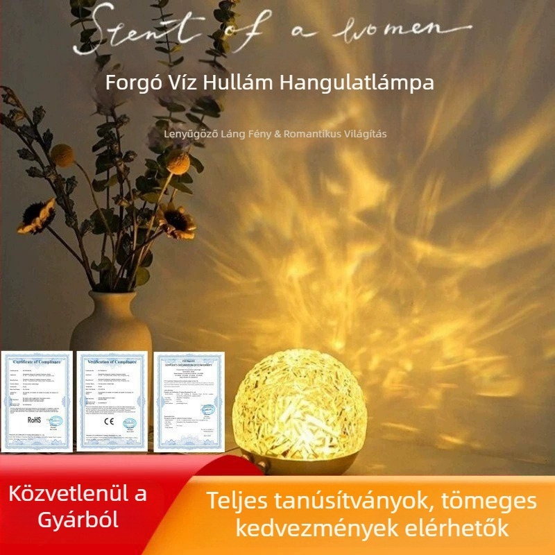 Atmoszférikus lámpa jéghegy és vízhullám effektussal, prémium fa alap és dinamikus fény-árnyék vetítés