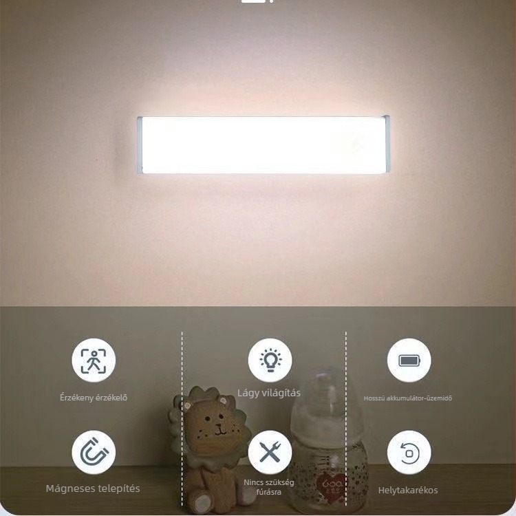 LED szenzoros éjjeli lámpa kollégiumhoz, az ágy melletti, mozgásérzékelős világítás a folyosón és a fürdőszobában, beépített akkumulátorral