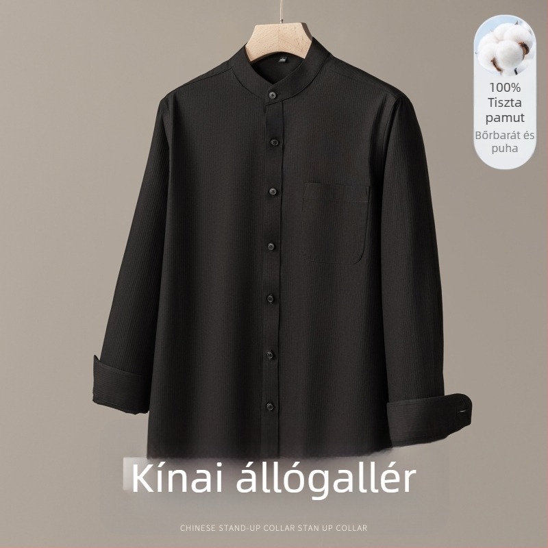 Férfi pamut ing álló gallérral, hosszú ujjú, egyszínű, casual, karcsúsított szabás, tavasz–ősz