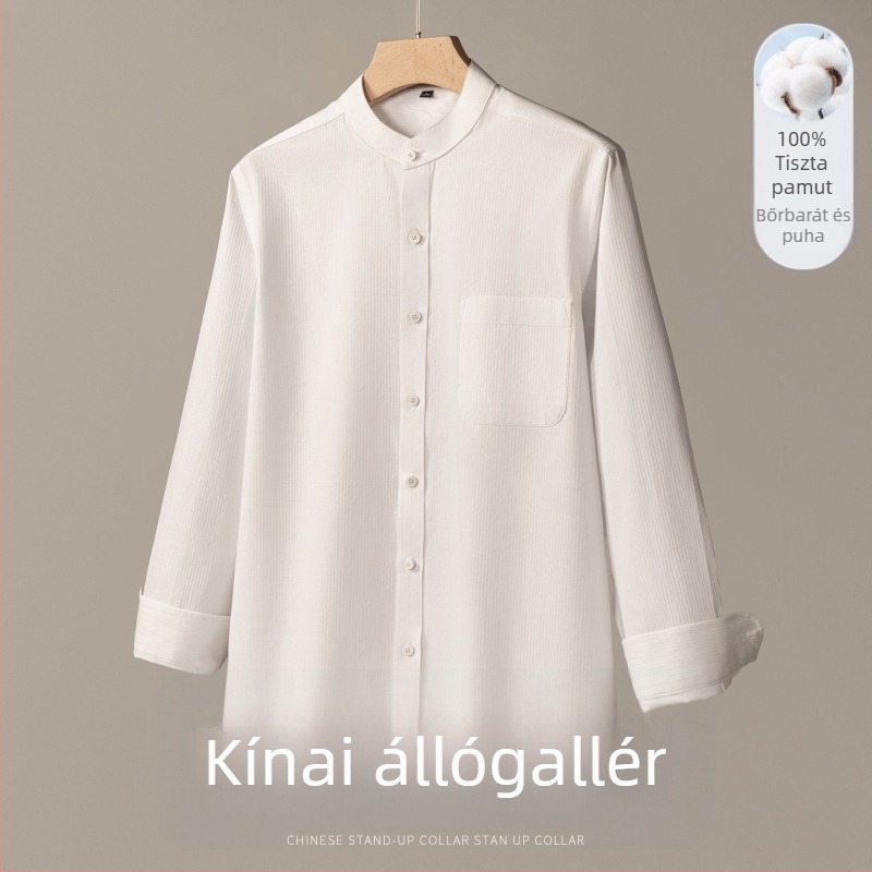Férfi pamut ing álló gallérral, hosszú ujjú, egyszínű, casual, karcsúsított szabás, tavasz–ősz