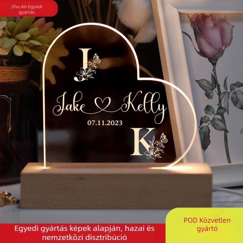 Szív alakú akril lámpa, éjjeli fény és hangulatos dekoráció, egyedi logóval testreszabható, ajándék barátnőnek vagy feleségnek, évfordulóra.