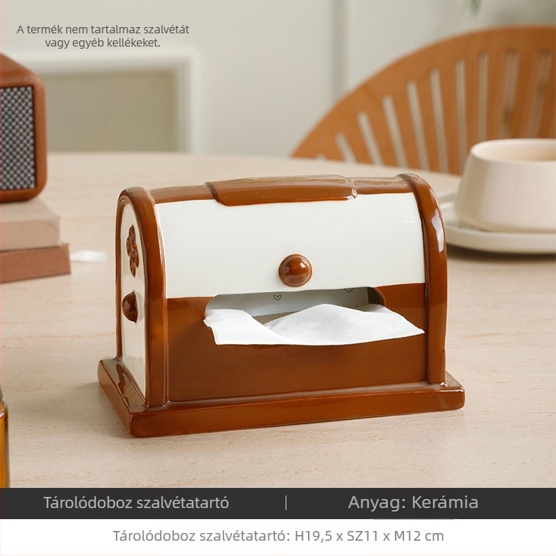 Retro keramikus zsebkendő tartó, barna-fehér blokkal, dekoratív kiegészítő a nappaliba és az étkezőbe