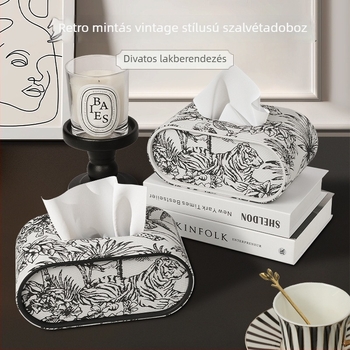 Bőr zsebkendő-doboz retro erdő mintával, nappalira és hálószobába
