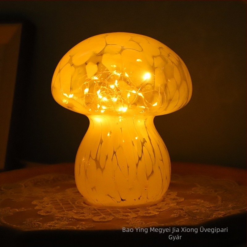 Retro dísz asztali lámpa, színes üveg, gomba alakú LED éjjeli fény