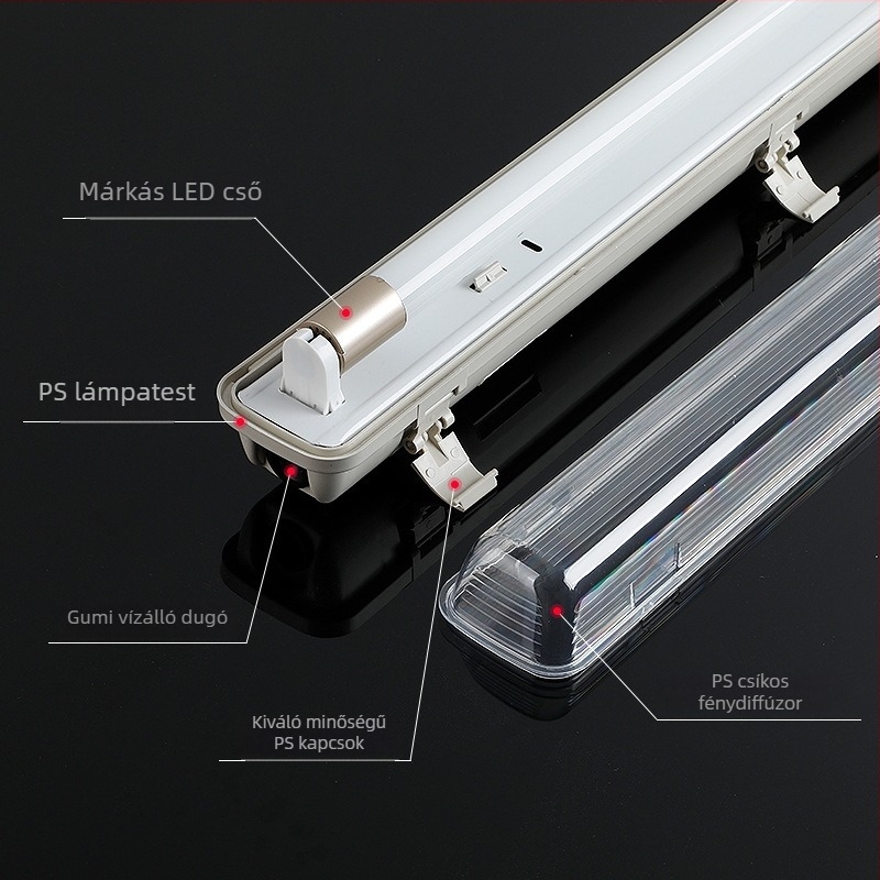 LED T8 lámpa egy- vagy kétsugárzó csővel, tartóval, vészvilágítás tűz esetén, vízálló, nedvességálló és robbanásbiztos ipari műhelyhez